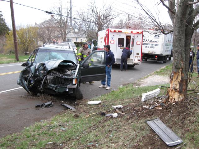 Car versus Tree.  25 year old female struck a tree on Rt. 25 at about 7 AM in April of 2009.  Seat belts and an air bag prevented serious injury.  Wear your seatbelts!